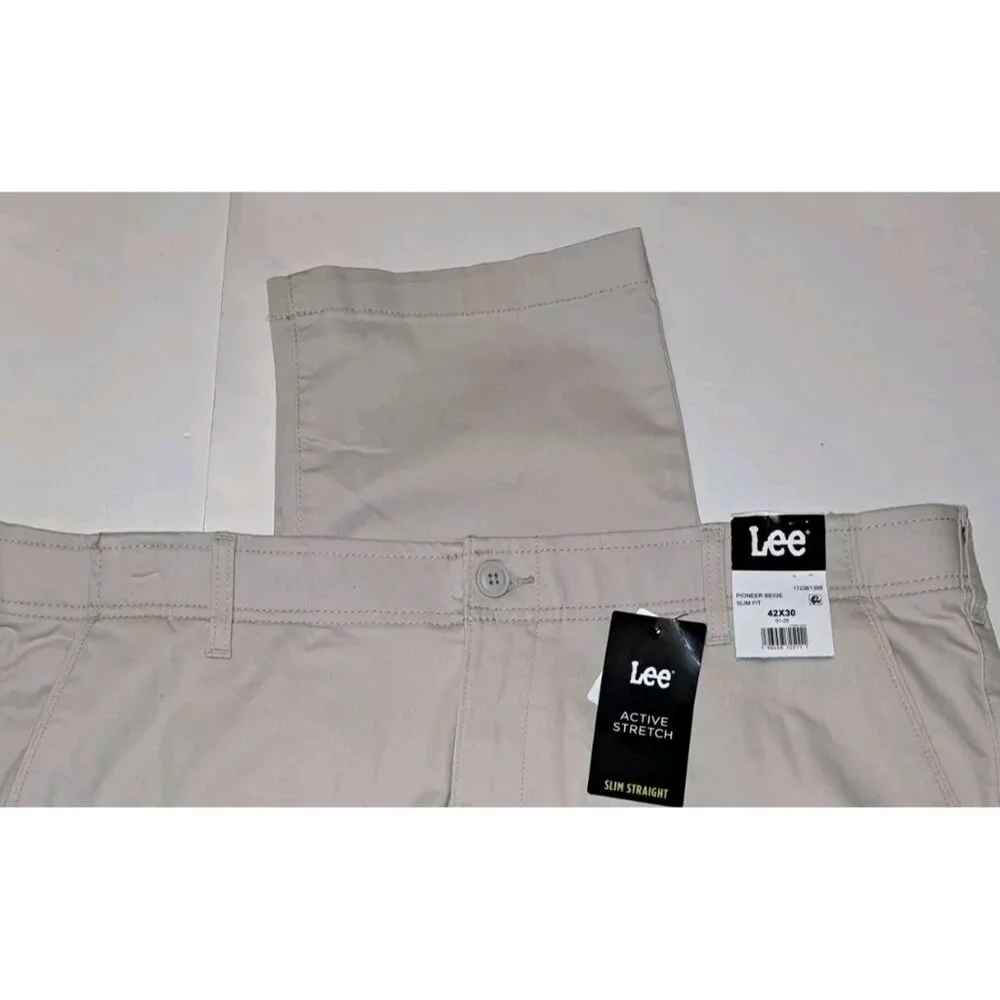 Lee NEW Men's Beige Active Stretch Motion Flex Slim Straight Pants 42x30